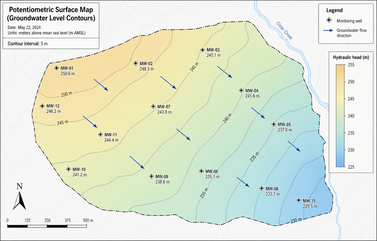 Potentiometric surface map with monitoring wells, hydraulic head contours, and groundwater flow direction arrows